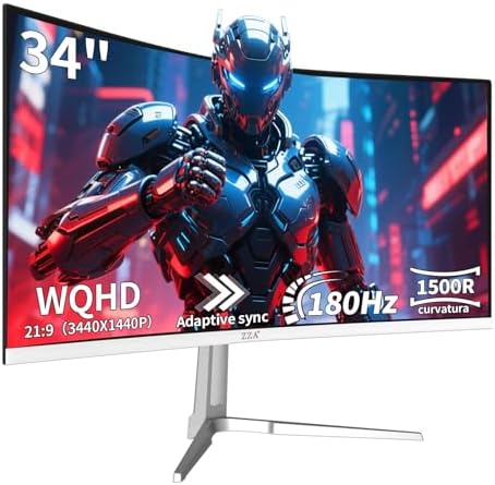 ZZA UltraWide 34 Inch Curved Monitor 1500R PC Screen 180hz Refresh Rate WQHD 3440x1440 Computer Gaming Monitor VA PanelAMD FreeSync Premium | HDR10 | 99% sRGB | VESA by ZZA