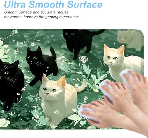 Cute Cat Mouse Pad Large Gaming Desk Mat - Kawaii Black and White Cats in Green Forest, Extended XL Mousepad with Non-Slip Rubber Base for Office, Home, PC, Laptop - Image 4