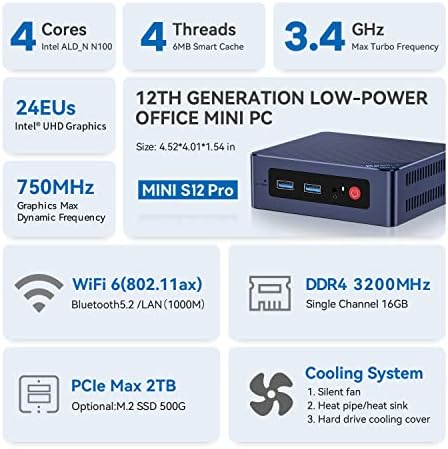 Beelink Mini PC, Intel 12th Gen Alder Lake- N95(up to 3.4GHz), 8GB DDR4 RAM 256GB M.2 SSD, Mini S12 Desktop Mini Computer Supprot Dual HDMI/USB3.2/WiFi 6/BT5.2 for Home/Office - Image 2