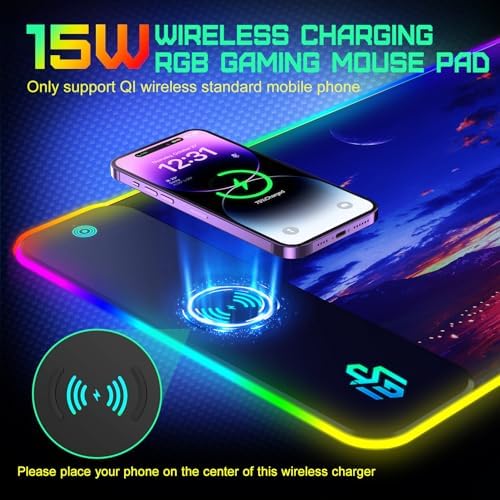GIM Wireless Charging RGB Gaming Mouse Pad 15W, LED Mouse Mat 800x300x4MM, 10 Light Modes Extra Large Mousepad Non-Slip Rubber Base Computer Keyboard Mat for Gaming, MacBook, PC, Laptop, Desk（Sunset） - Image 3