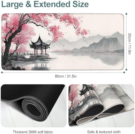 Japanese Cherry Blossoms Gaming Mouse Pad 31.5"x11.8" Large Extended Pad Desk Mat Anti-Slip Rubber Base & Durable Stitched Edges for Gamers Smooth Mouse Pad Writing Surface for Desk Office/Home - Image 2