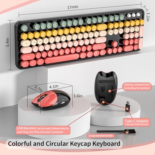 Wireless Keyboard and Mouse, MOFII 104 Round Keycaps Retro Typewriter with OTG & Brush, Full-Size Ergonomic, Ideal for Windows PC, Home, Office and College Rainbow Red - Image 5
