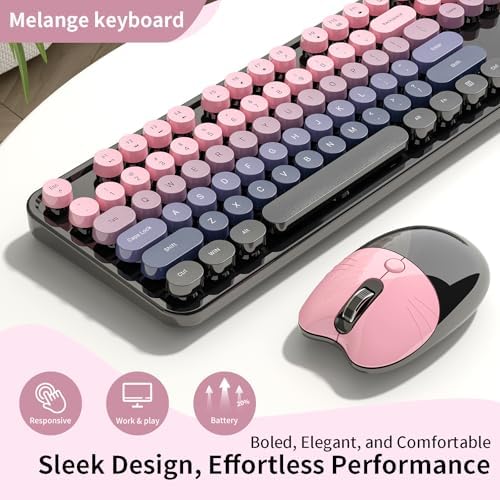 Wireless Keyboard and Mouse, MOFII 104 Round Keycaps Retro Typewriter with OTG & Brush, Full-Size Ergonomic, Ideal for Windows PC, Home, Office and College Peach Pink - Image 3