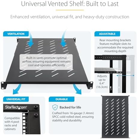 StarTech 1U 4-Post Vented Rack Shelf, 28-34.4in, 150lb (ADJSHELFV-Rack) - Image 3