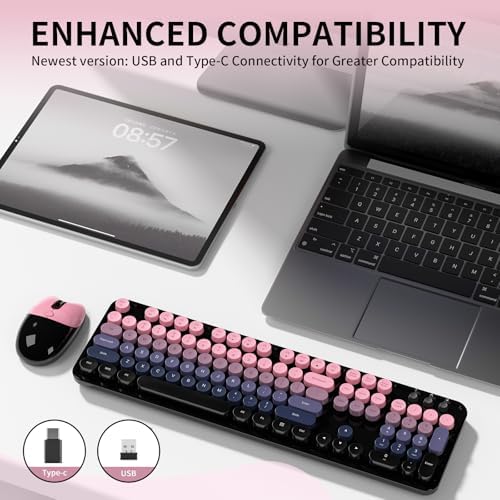 Wireless Keyboard and Mouse, MOFII 104 Round Keycaps Retro Typewriter with OTG & Brush, Full-Size Ergonomic, Ideal for Windows PC, Home, Office and College Peach Pink - Image 7