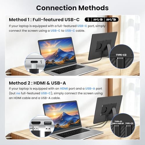 16.1" Portable Monitor for Laptop - 1200P FHD, Ultra-Thin Laptop Screen Extender Horizontal Vertical with 360° Rotating Detachable Stand, Plug & Play, Dual Travel Monitor for Laptop Wins Mac Chrome - Image 6