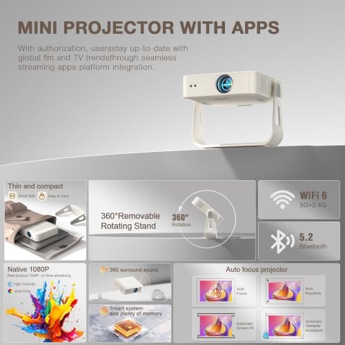 [Officially-Licensed App & Auto Focus]White Smart Mini Projector with WiFi and Bluetooth, XuanPad 4K Support Movie Projector, Portable Native 1080P Outdoor Projector with 360° Stand - Image 5