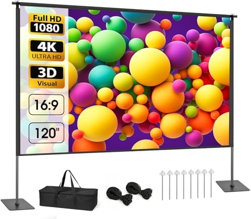 Outdoor Projector Screen with Stand, 120 inch Portable Projection kit 16:9 4K HD Wrinkle-Free Indoor Outdoor Movie Screen with Carry Bag for Home Theater and Backyard Movie Night by CPLIRIS