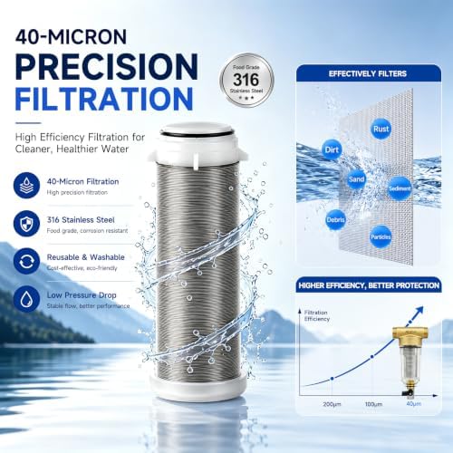 40 Micron Spin Down Sediment Filter,Reusable Sediment Water Filter,Washing Machine Water Filter,Whole House Pre-Filtration System for City Water & Well Water,25GPM,1" MNPT+3/4" FNPT+3/4" MNPT - Image 3