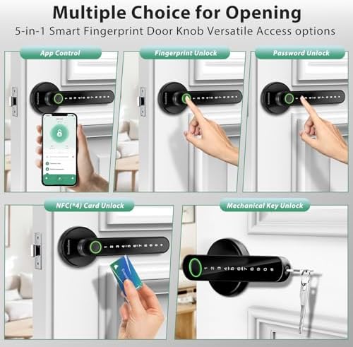 Smart Door Lock with Knob, Keyless Entry Door Locks with Handle, Fingerprint Door Knob for Bedroom/Front Door/Apartment,Generate Passcode Remotely Black - Image 2