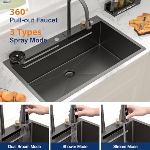 Sarlai 36 Inch Waterfall Kitchen Sink Workstation - 36x22 Black Waterfall Drop In Sink Stainless Steel 16 Gauge Sink Multifunction Single Bowl Smart Top Mount Kitchen Sinks with Faucet Combo - Image 5