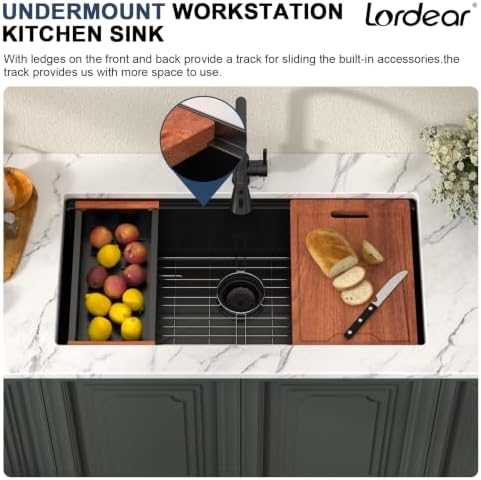 Lordear 36 Inch Black Undermount Kitchen Sink Workstation SUS304 16 Gauge - Image 4