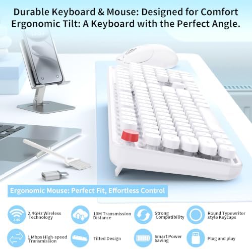 Wireless Keyboard Mouse, MOFII 104 Keys Cute Retro Typewriter White - Image 2