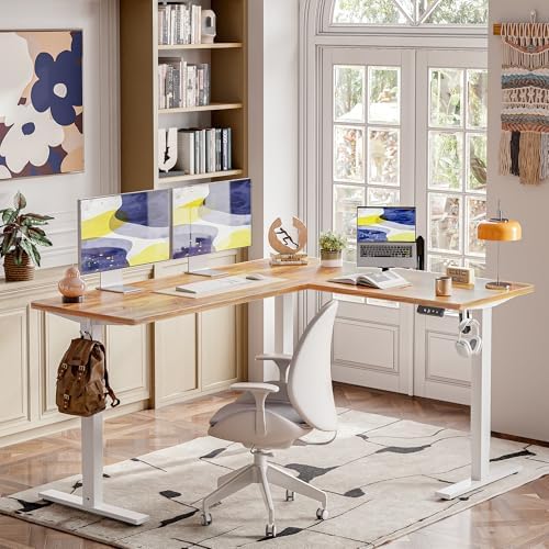 TIQLAB Standing Desk L Shaped, 63x55 Inch Adjustable Height, Electric Stand Up Desk, Corner Sit Stand Desk with Splice Board, Light Rustic Brown - Image 2