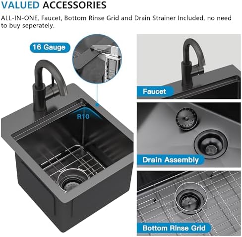 13"x15" Black Bar Prep Sink Drop In Workstation with Faucet Combo - Image 7