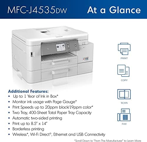 Brother MFC-J4535DW INKvestment Tank All-in-One Color Inkjet Printer with NFC, Duplex and Wireless Printing Plus Up to 1-Year of Ink in-Box, Works with Alexa (Renewed), White - Image 2