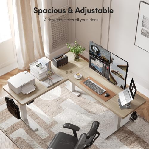 FEZIBO Triple Motors 25mm Tabletop L Shaped Standing Desk, 75" X 63" Electric Standing Gaming Desk Adjustable Height, Corner Stand up Desk with Splice Board, White Frame/Light Walnut Top - Image 3