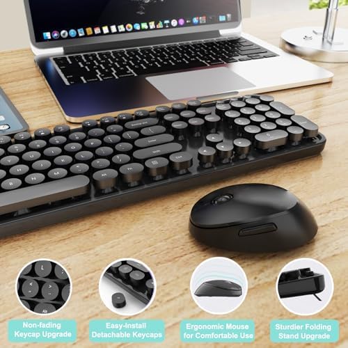 Wireless Keyboard and Mouse Combo, Ergonomic Full Size Typewriter Retro Round Keycaps Keyboard, Compatible with Windows, PC, Perfer for Home and Office Keyboards (Black - Image 6