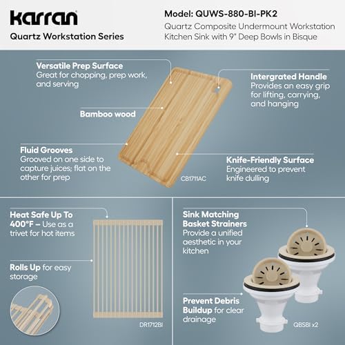 Karran 32.5 Inch Undermount Quartz Composite Workstation Kitchen Sink, 50/50 Double Bowl Low Divide with Color Matched Accessories, Cutting Board, Drying Mat, Colander & Strainers Bisque - Image 5