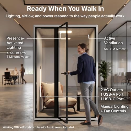Uncaged Ergonomics Working Office Pod, 1-Person Acoustic Office Phone Booth with Ventilation, LED Lighting and Power, White - Image 7