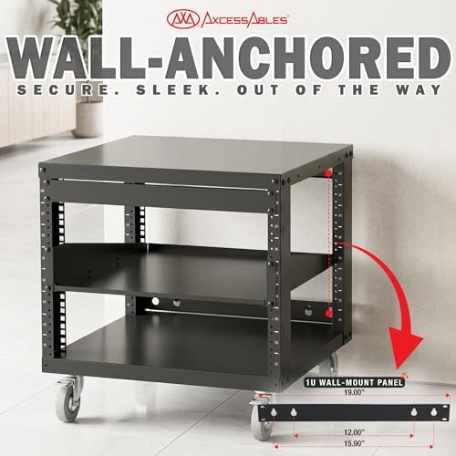 AxcessAbles 8U Open Frame Network & AV Rack with Caster Wheels, One 1U Shelf, 10-32 & Cage Nut Compatible Rails, Cage Nuts, Screws, Cage Nut Tool & Wall Mount Kit | 19-Inch Rack - Image 4