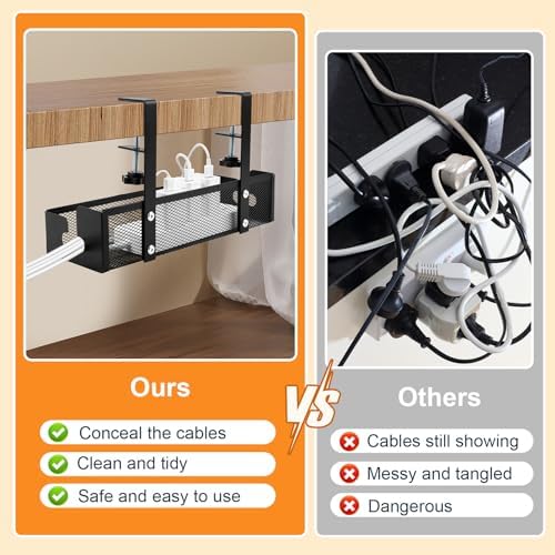 Cable Management Desk with Adjustable Hooks, Under-Sink Mounting Organiser Made of Carbon Steel, No Drilling, Heavy Duty Cable Management for Power Cables and Network Cables (Office/Home) - Image 3