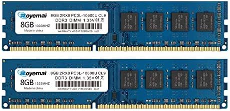 DDR3L 10600U 16GB Kit (2x8GB) DDR3L/DDR3 10600 1333MHz Udimm, Royemai 8GB PC3/PC3L-10600U Dimm Memory 2Rx8 1.35V/1.5V CL9 Desktop RAM by DUOMEIQI