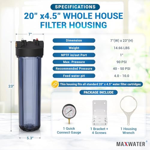 Max Water Whole House 20" x4.5" Purple Clear WH Water Filter Housing 1 inch Inlet/Outlet Ports with Pressure Gauge Wrench and Bracket (1 Housing + 1 Pressure Gauge) - Image 2