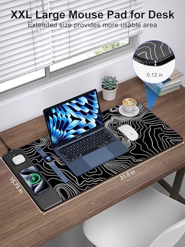 Mouse Pad with Wireless Charging, Large Desk Mat, Black Topographic Map #2 - Image 3