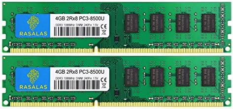 Rasalas 8GB DDR3 Kit (2x4GB) PC3-8500 DDR3 1066 Mhz 8GB Udimm DDR3 Ram 2Rx8 1.5V CL7 Desktop Comuter Ram Memory Modules Upgrade by Rasalas