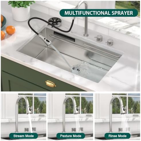 32x19" Undermount Kitchen Sink with Faucet, SS304 Waterfall Sink - Image 4
