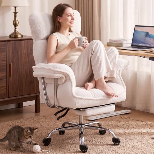 Dowinx Big and Tall Office Chair with Footrest, Ergonomic High Back Reclining Design, Wide Seat, Thick Cushion, Wide Armrests, Teddy Fleece Criss Cross Desk Chair, Pure White by Dowinx