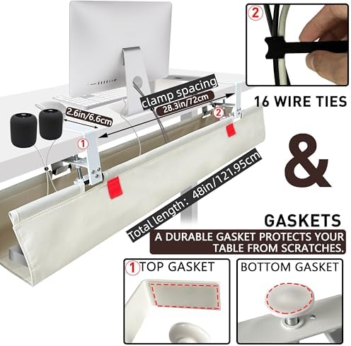Under Desk Cable Management No Drill – 48" L x 6" W Cord Organizer, Upgraded Silicone Pads (No Scratch!), 16 Cable Slots, Washable PE Honeycomb Base, Fits Desks 0–2.1" Thick, Beige - Image 2