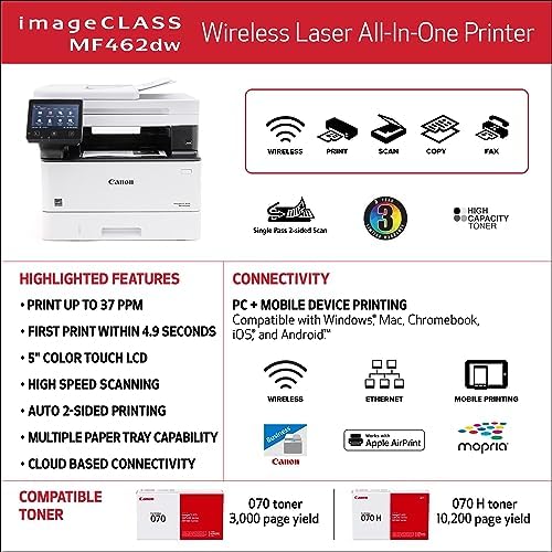 Canon imageCLASS MF462dw - Monochrome, Duplex Wireless Laser Printer, All-in-One with Scanner, Copier, Fax, Home or Office, Auto Document Feeder, Mobile Ready, 3 Year Limited Warranty, 37 PPM, White - Image 6