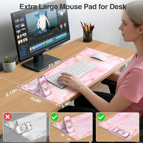 Wireless Charging Mouse Pad with Phone Holder, 31.5"x15.8" in, Pink Marble - Image 3