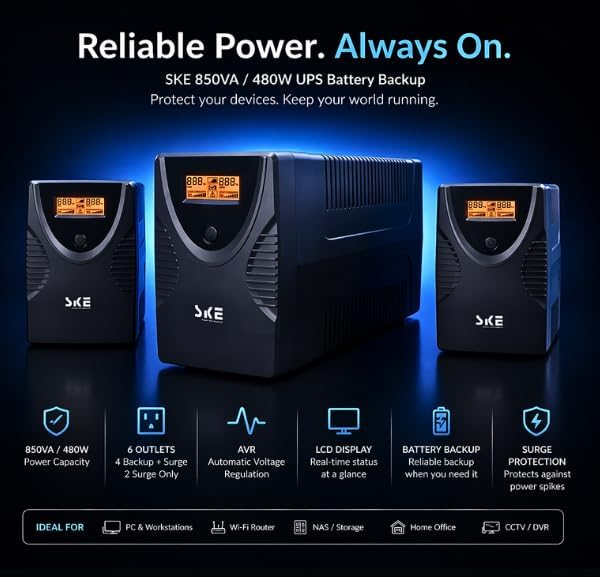SKE SK425 425VA/240W UPS Battery Backup & Surge Protector - Uninterruptible Power Supply with LCD Display, AVR Voltage Regulation, 6 Outlets, Backup Power for PC, Router, NAS & Home Office - Image 2