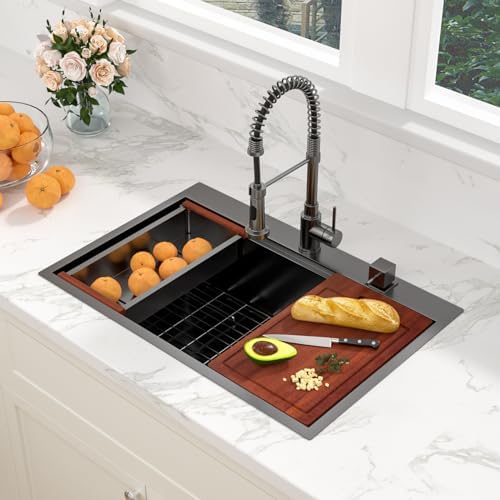 Sarlai 30 Drop Kitchen Sink Black Stainless Steel - 30 x 22 Inch Kitchen Sink Drop In Topmount Ledge Workstation 16 Gauge Gunmetal Black Stainless Steel Single Bowl Over Counter Sinks With Accessories - Image 2