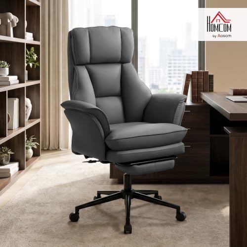 HOMCOM Cross Legged Office Chair Comfy with Foot Rest Flip-up Armrests Gray - Image 2