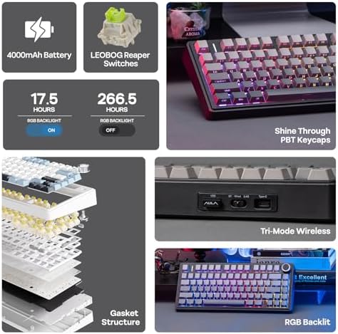 EPOMAKER x Aula F75 Gasket Mechanical Keyboard, 75% Wireless Hot Swappable Gaming Keyboard with Five-Layer Padding&Knob, BT/2.4GHz/USB-C, RGB (Black Gradient, LEOBOG Reaper Switch) - Image 3
