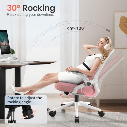 GTPLAYER Ergonomic Office Chair with Flip-up Armrests Executive Computer Chair for Home Office, Breathable Mesh & Comfy Lumbar Support, Pink - Image 5