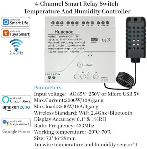 Tuya 4CH 85-250V Smart Temperature and Humidity Sensor,Dry Contact,Remote Application Control and Monitoring Function, Voice Control, Smart Scene, Compatible with Alexa and Google Home - Image 2