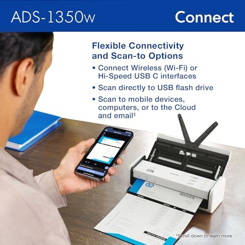 Brother ADS-1350W Wireless Compact Desktop Scanner | Scan Speeds of Up to 30ppm | Single Pass Double-Sided Scanning (Renewed) - Image 5