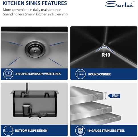 Sarlai Black Undermount Bar Sink With Foldable Faucet - 18x18 Inch Outdoor Black Kitchen Sink RV Workstation 16 Gauge Stainless Steel Single Bowl Handmade Outdoor BBQ Sinks with Lid - Image 5