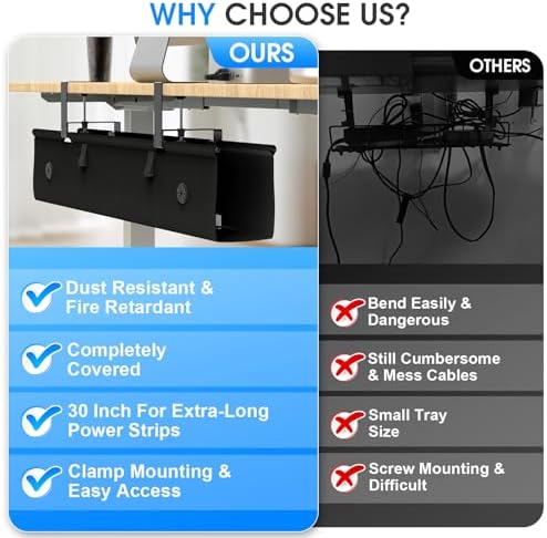 Under Desk Cable Management Tray, 30-inch No-Drill Cord Organizer with Anti-Sag Reinforced Base, Fabric Wire Management Hider for Standing Desk, Office & Gaming Accessories - Black - Image 6
