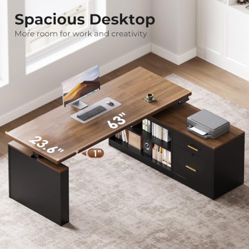 OffiGo Executive 63 Inch L Shaped Electric Standing Desk, Walnut+Black - Image 4