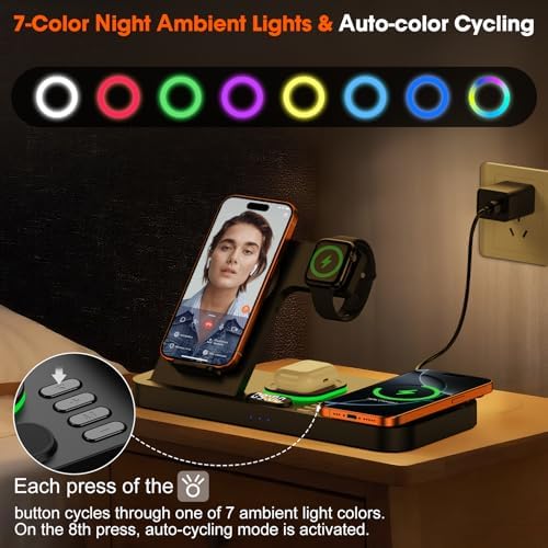 Dual Phone Magnetic Wireless Charging Station for Apple Devices, 7-Color Auto Light & 12H Clock, Multi-Device Charger foriPhone 18 Pro/18 Pro Max/17/16, for iWatch 11/10/9 & AirPods Pro3(Black - Image 5