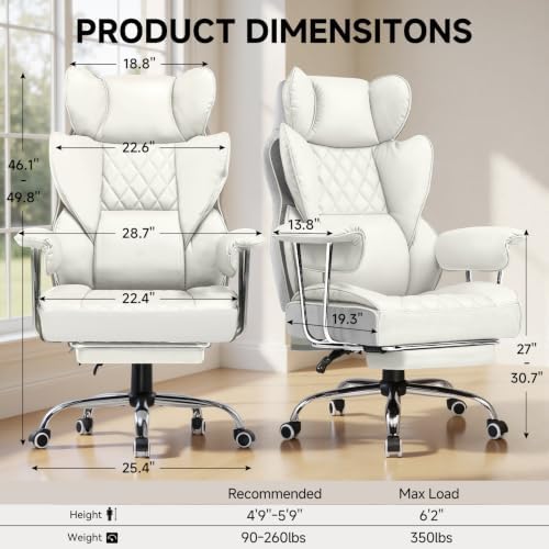 COMHOMA Big and Tall Office Chair, High Back Leather Gaming Chair with Footrest, Executive Ergonomic Office Chairs with Pocket Spring Lumbar Support and with Outward Fixed Soft Armrests - Image 3
