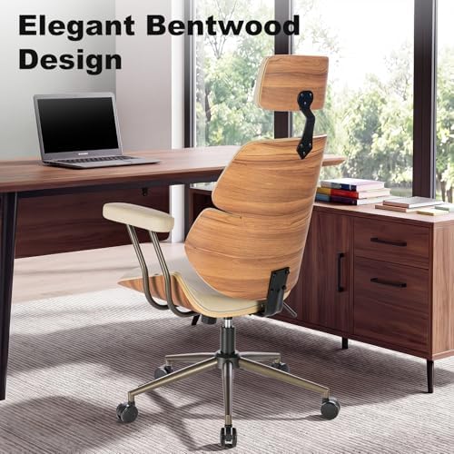 Mid Century Walnut PU Leather High Back Office Chair with Headrest, Beige - Image 4
