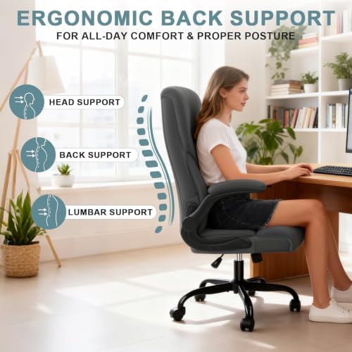 Executive Office Chair,High Back Ergonomic Comfy Desk Chair with Padded Flip-up Armrests and Wheels,PU Leather Heavy Duty Computer Swivel Rolling Task Chair for Home Office,Adults,Gray - Image 6