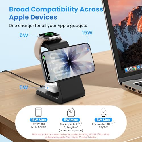 15W Charging Station for iPhone 17: JoyGeek 3-in-1 Fast Wireless & Magnetic Charger for Magsafe, iPhone 17-12, Apple Watch Ultra 2-11 & AirPods 2-4, Includes 30W PD Adapter - Image 4